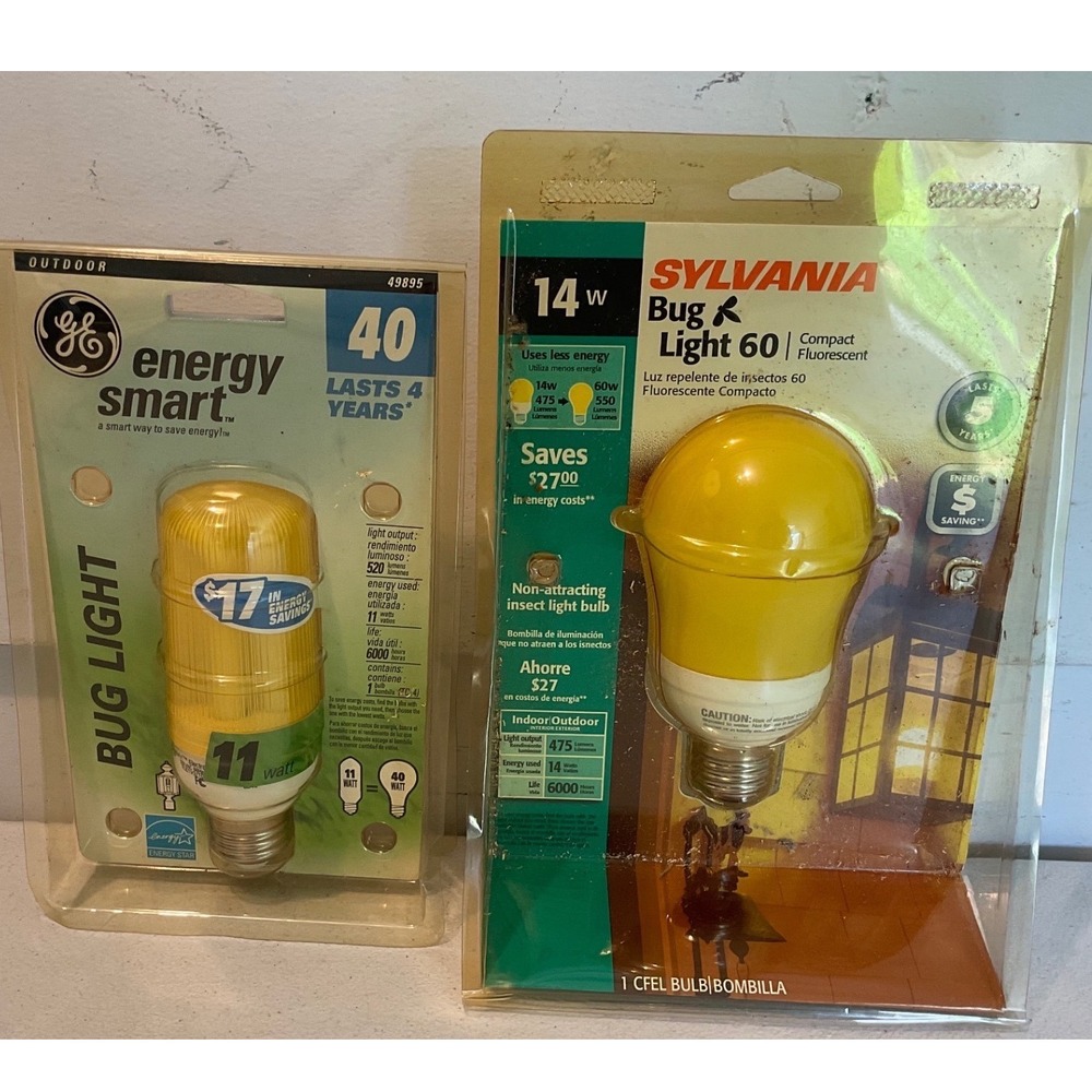 GE Sylvania Yellow Bug Light Bulb Bundle 11W 14W CFL Outdoor Energy Saving 2pk